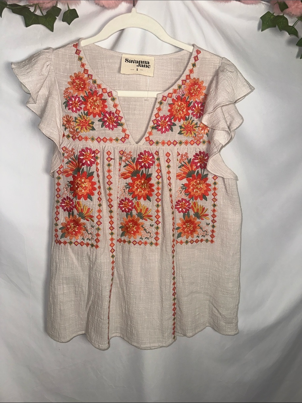 Savanna Jane Cream Flutter Sleeve Top with Orange & Pink Floral Embroidery